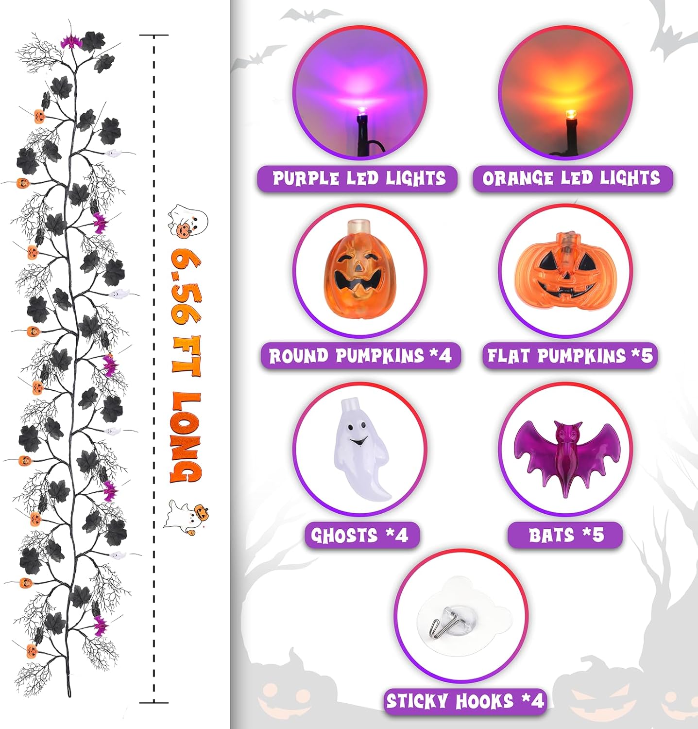 kuaima Halloween Light up Garland with 54 Purple and Orange LED Lights, 6.56 FT Lighted Willow Vine Twig Battery Operated for Indoor Decor, 8 Modes with Timer Function