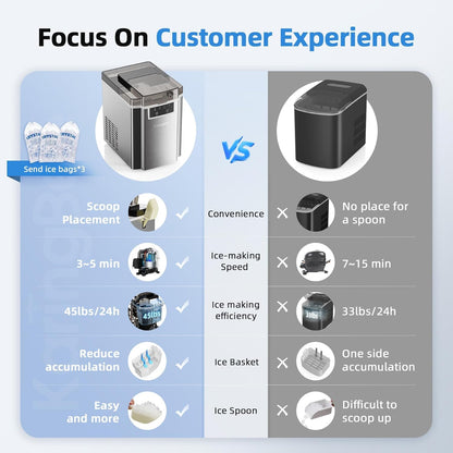 Nugget Ice Maker – 45lbs/Day Pebble Ice in 5 Mins, Chewable Sonic Ice Machine with Self-Cleaning, Quiet Stainless Steel Countertop Ice Maker for Home, Office, RV – 2025 Upgraded