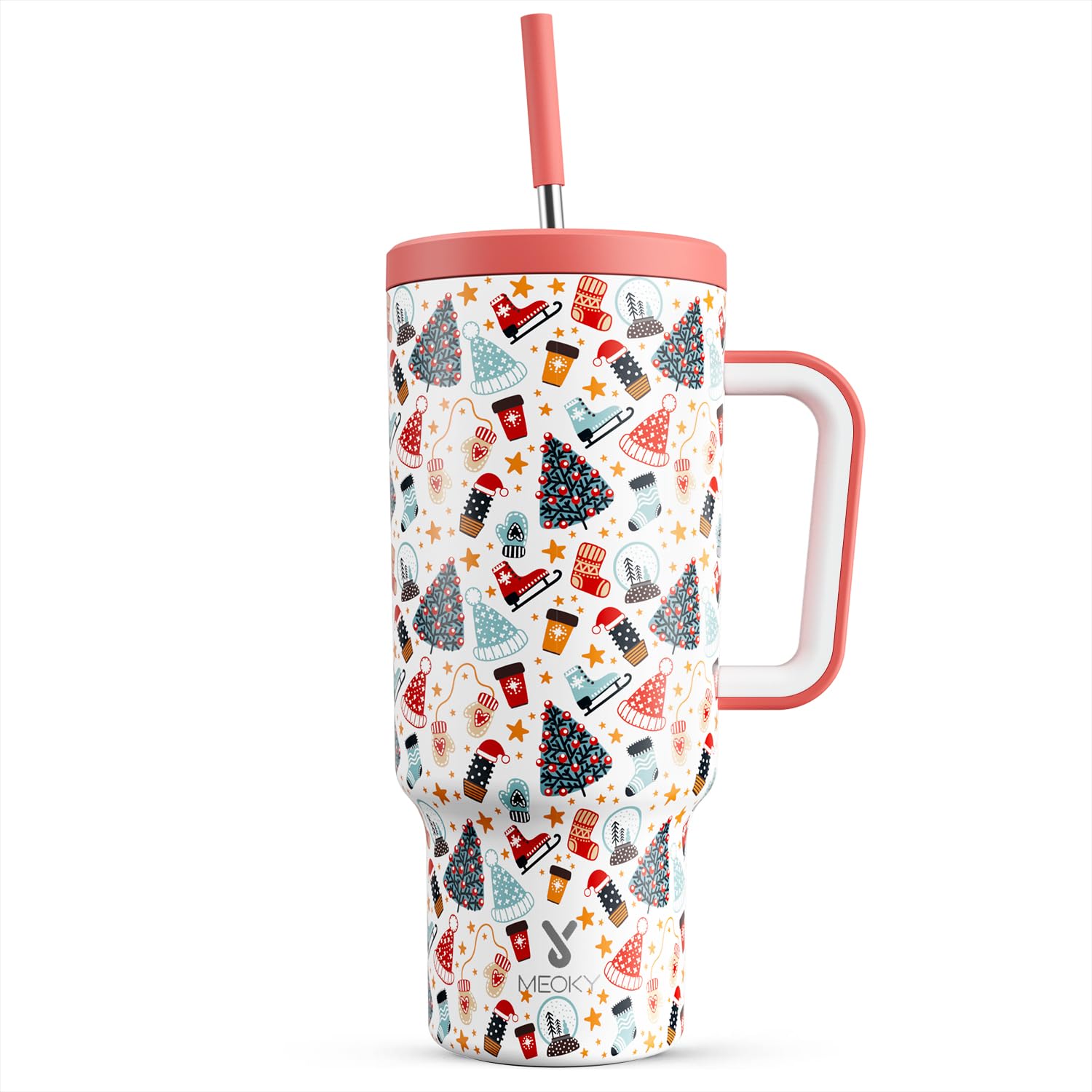 Meoky 40 oz Christmas Tumbler with Handle and Straw, Xmas Tumbler with Lid and Straw, Insulated Stainless Steel Travel Mug, Christmas Gifts for Women Men Adults (Jolly Reindeer)