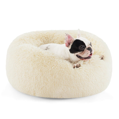 Bedsure Calming Dog Bed for Small Dogs - Donut Washable Small Pet Bed, 23 inches Anti-Slip Round Fluffy Plush Faux Fur Large Cat Bed, Fits up to 25 lbs Pets, Camel