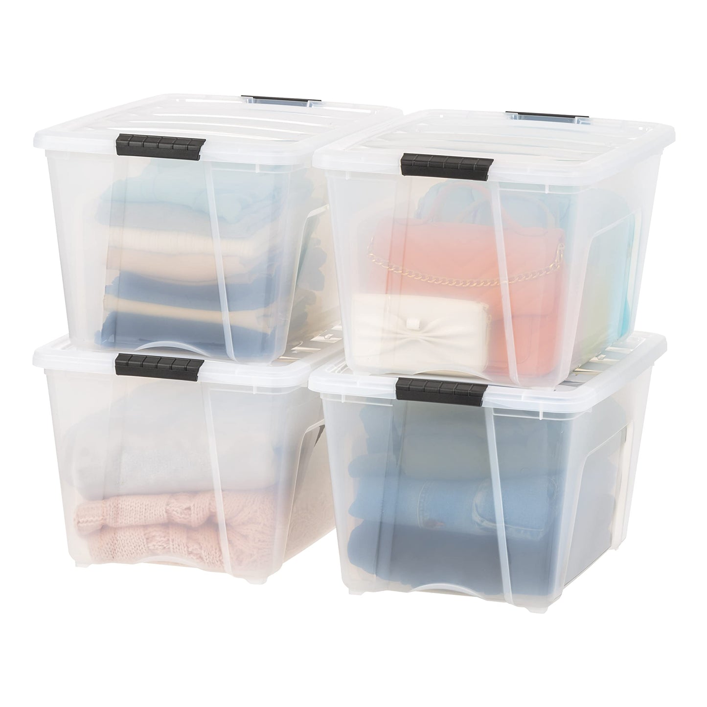 IRIS USA 13 Qt Stackable Plastic Storage Bins with Lids, 6 Pack - BPA-Free, Made in USA - Discreet Organizing Solution, Latches, Durable Nestable Containers, Secure Pull Handle - Pearl