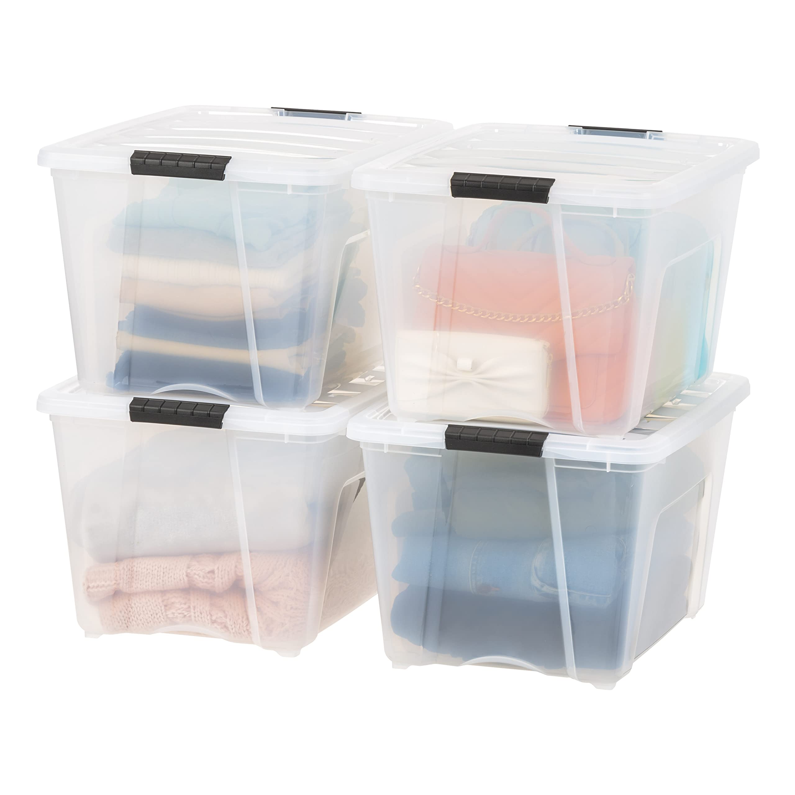 IRIS USA 13 Qt Stackable Plastic Storage Bins with Lids, 6 Pack - BPA-Free, Made in USA - Discreet Organizing Solution, Latches, Durable Nestable Containers, Secure Pull Handle - Pearl