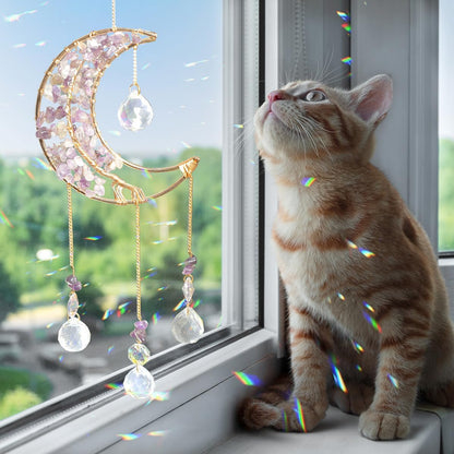 Crystal Moon Suncacher-Sun Catchers Indoor Window Prism Moon Crystal Dream Catcher Natural Healing Stones Rainbow Maker Garden Car Decoration Outdoor (Amethys)