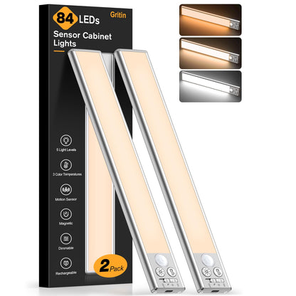 Gritin 10.2inch Under Cabinet Lighting Rechargeable -84 LED Super Bright,3-Color& 5 Level Brightness,4 Modes,Motion Sensor,Long Lasting- Easy Installation Magnetic Under Cabinet Closet Lights -2 Pack