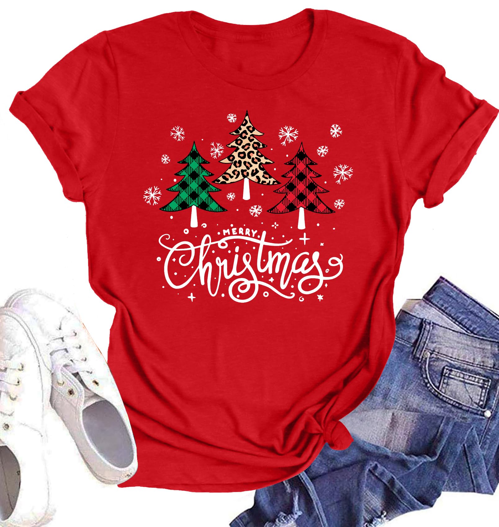 Believe Christmas Shirt for Women Christmas Tree Graphic T-Shirts Believe Letter Print Tees Holiday Tops
