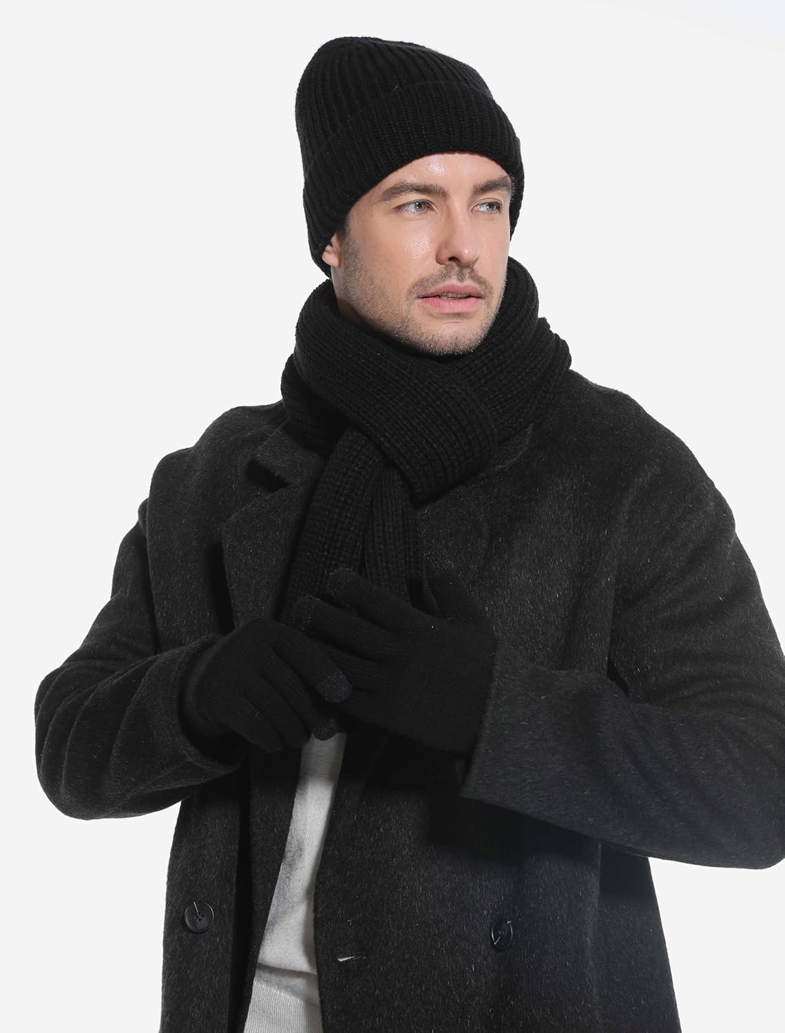 Mens Winter Beanie Hat Touchscreen Gloves Long Scarf 3 Set with Warm Fleece Lined Knit Cap Scarves for Men Women