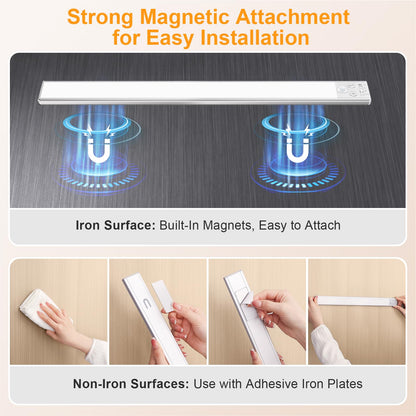 Gritin 10.2inch Under Cabinet Lighting Rechargeable -84 LED Super Bright,3-Color& 5 Level Brightness,4 Modes,Motion Sensor,Long Lasting- Easy Installation Magnetic Under Cabinet Closet Lights -2 Pack