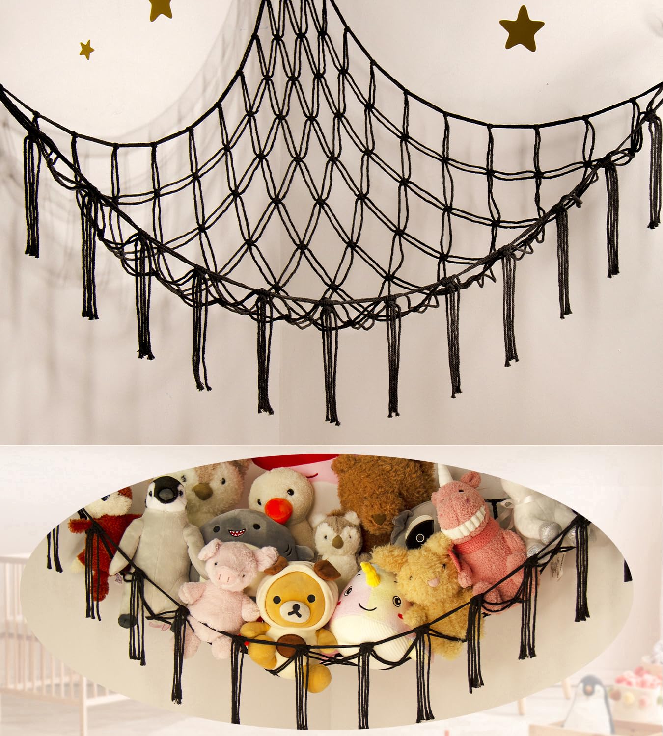 Stuffed Animal Storage Hammock or Net Corner - Large Toy Hammock Net for Stuffed Animals Room Decor - Cute Stuff Animal Organizer Plush Holder - Kids Baby Nursery Essentials Wall Bedroom Home Decor