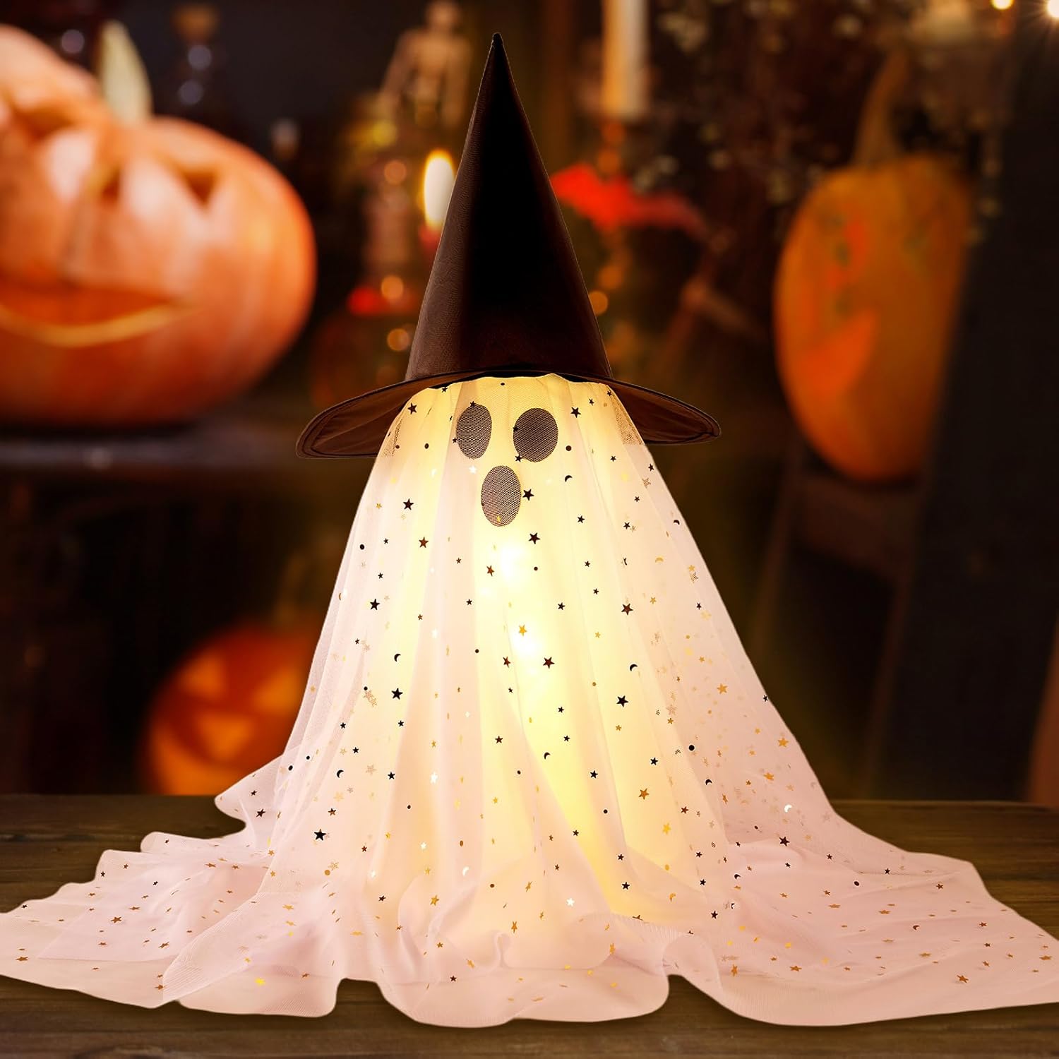 2Pcs Halloween Ghosts Decorations Indoor - Light Up Ghost Crafts with Sequined Netting, Cute Halloween Party Decorations, Spooky Ghost Decor for Home Table Fireplace Kitchen and Office