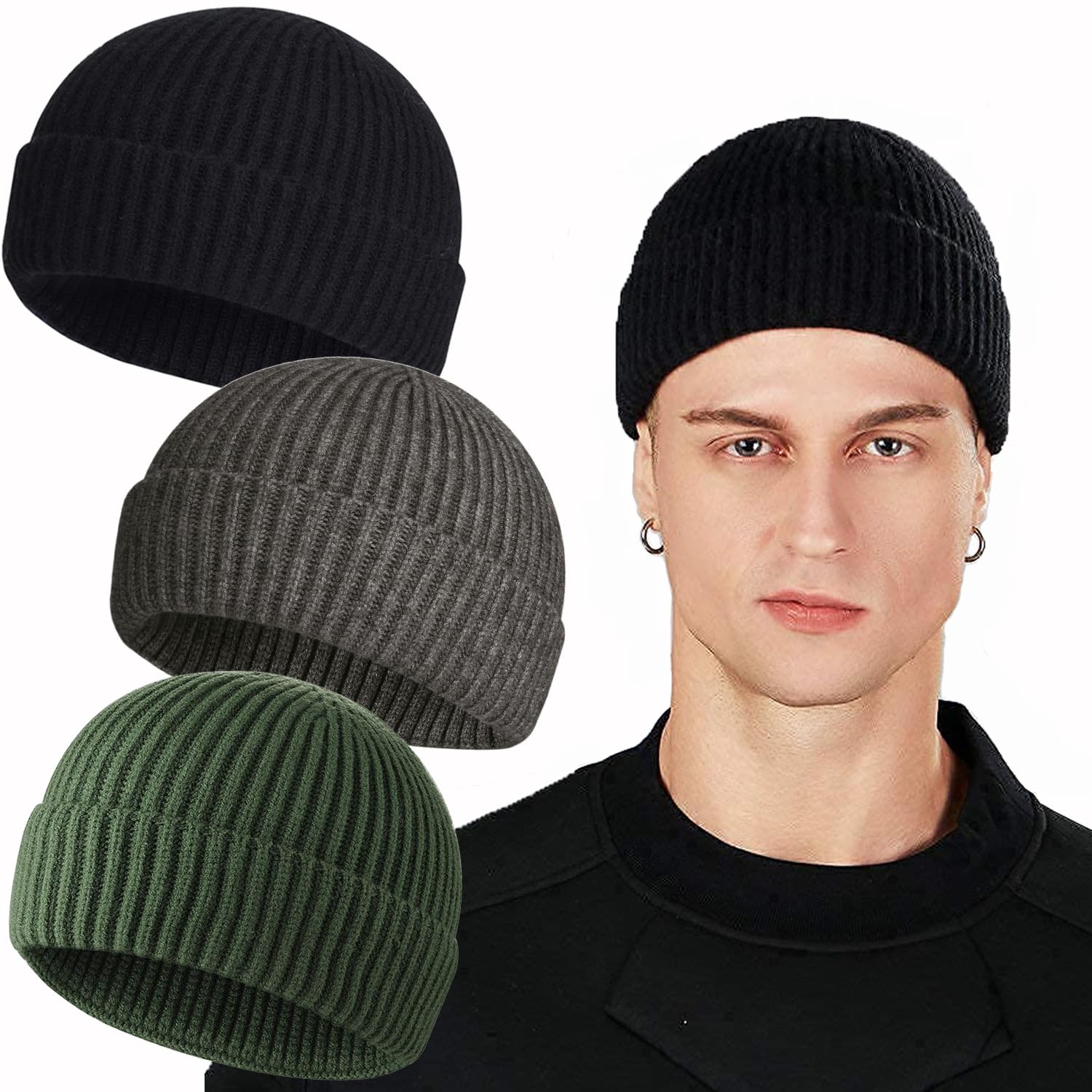ROYBENS Swag Wool Knit Cuff Short Fisherman Beanie for Men Women, Winter Warm Hats