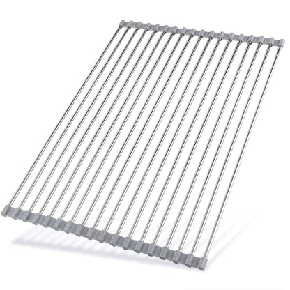 Roll-Up Sink Drying Rack 17.7"(L) x 13.8"(W) - Multipurpose Heat Resistant Over The Stainless Steel & Silicone Dish Rollable Kitchen Drainer, Gray