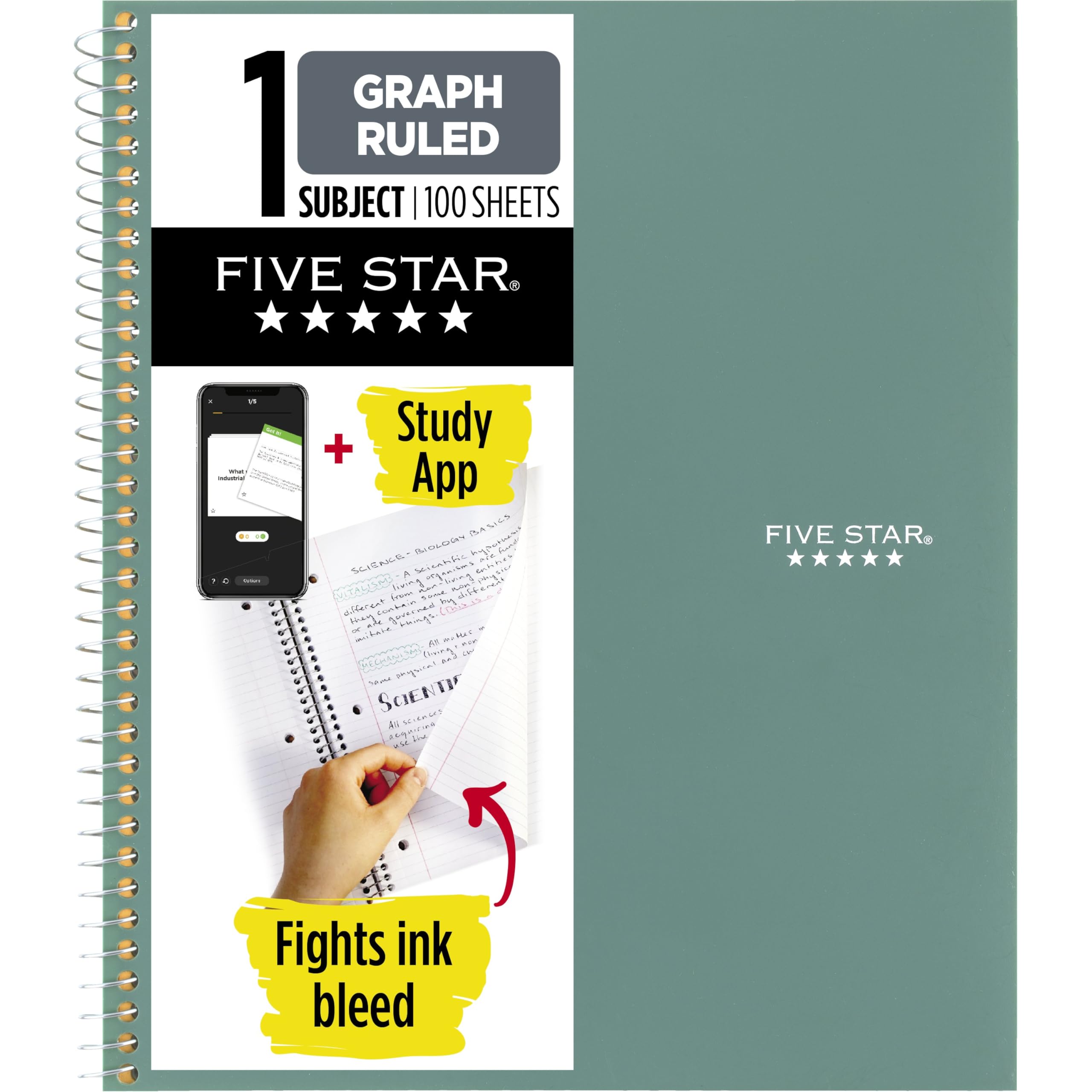 Five Star Spiral Notebook + Study App, 1 Subject, Graph Ruled Paper, 8-1/2" x 11", 100 Sheets, Fights Ink Bleed, Water Resistant Cover, Black (73679)