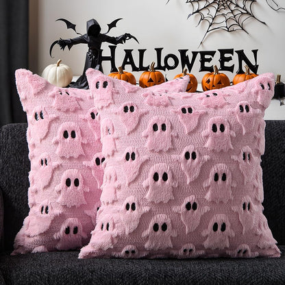 DFXSZ Halloween Pillow Covers 18x18 inch Set of 2 White Ghost Throw Pillow Cases Soft Plush Faux Fur Wool Couch Cushion Case for Chair Sofa Bedroom Living Room Home Decor PTK03A18