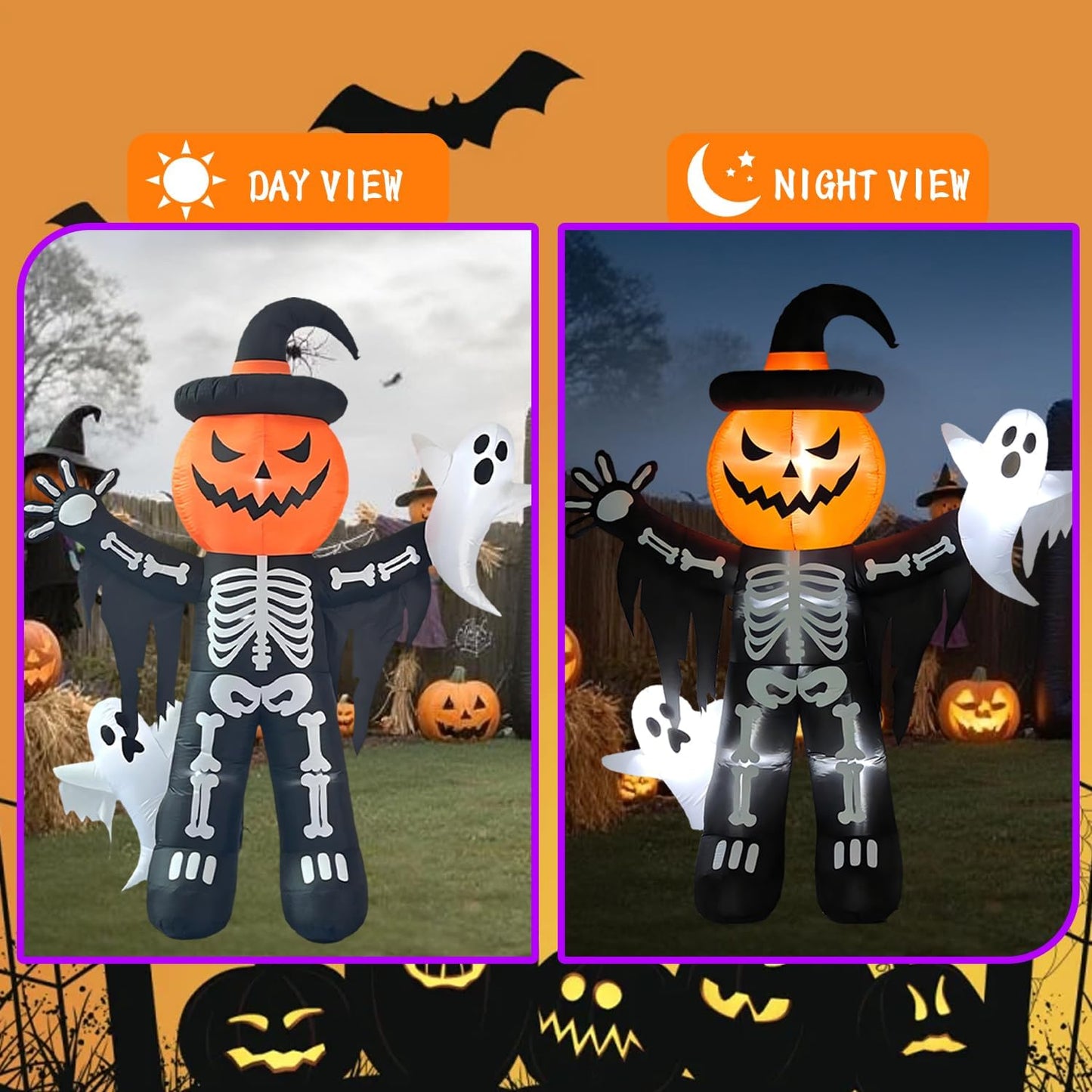 LANGXUN 8ft Skeleton Pumpkin with Ghosts 2025 Halloween Inflatable Decorations - Giant LED-Lit Outdoor Indoor Yard Decor for Lawn, Garden, Patio Holiday Parties