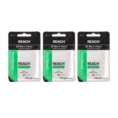 REACH Waxed Dental Floss, Mint, Plaque Remover for Teeth, Shred Resistant, Floss Slides Smoothly, Easy to Use, Waxed, Deep Cleaning Teeth, Oral Care, PFAS Free, for Adults & Kids, 1 Pack, 55 yd
