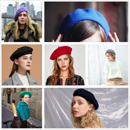 Women French Wool Beret Hats - Solid Color Classic Beanie Winter Cap