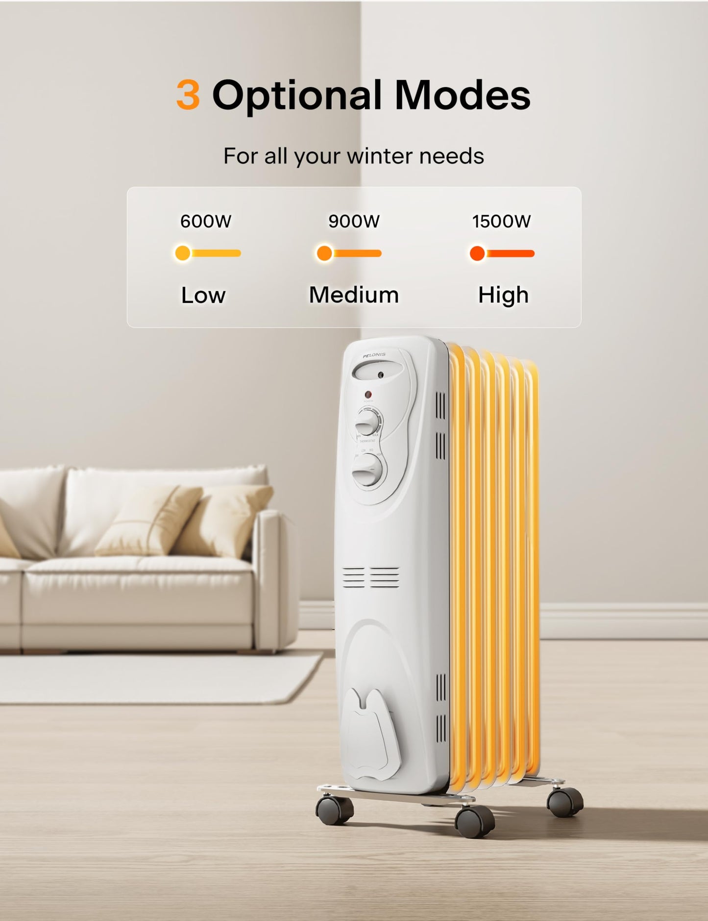 Pelonis Oil Filled Radiator Heater for Large Space, 2025 Upgraded, Space Heaters with 1500W Quiet Warmth Radiant Heater, 3 Heating Modes, Overheat & Tip-Over Protection, Adjustable Thermostat, Black
