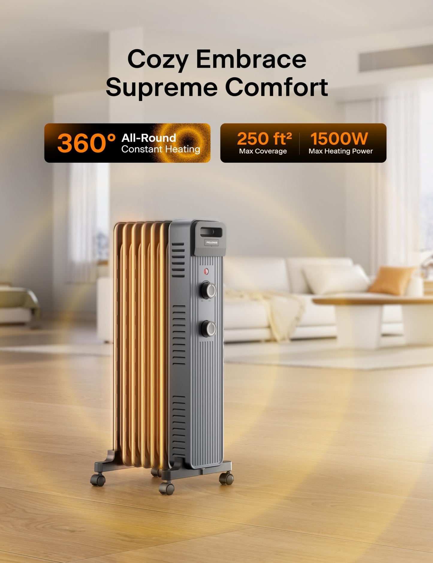 Pelonis Oil Filled Radiator Heater for Large Space, 2025 Upgraded, Space Heaters with 1500W Quiet Warmth Radiant Heater, 3 Heating Modes, Overheat & Tip-Over Protection, Adjustable Thermostat, Black