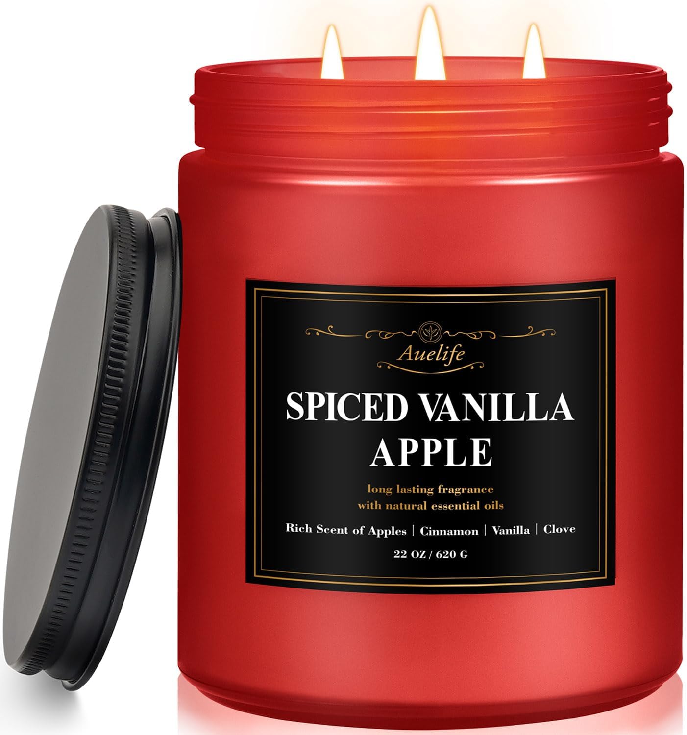 Auelife Spiced Vanilla Apple Scented Candle – 22oz Large 3-Wick Soy Candle, Cozy Fall & Autumn Candles for Home, Holiday Gift for Women & Men
