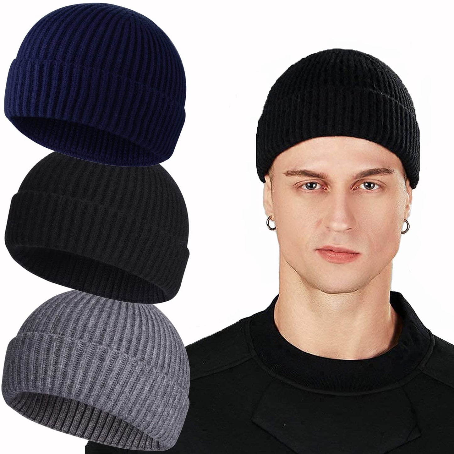 ROYBENS Swag Wool Knit Cuff Short Fisherman Beanie for Men Women, Winter Warm Hats