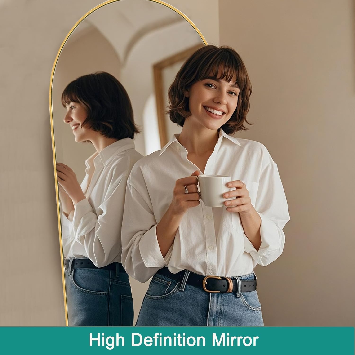 TinyTimes 64''x21'' Arched Full Length Mirror with Stand, Full Body Mirror, Mirrors Full Length Floor Freestanding, Wall Mounted Mirrors for Bedroom Living Room Cloakroom (Gold)