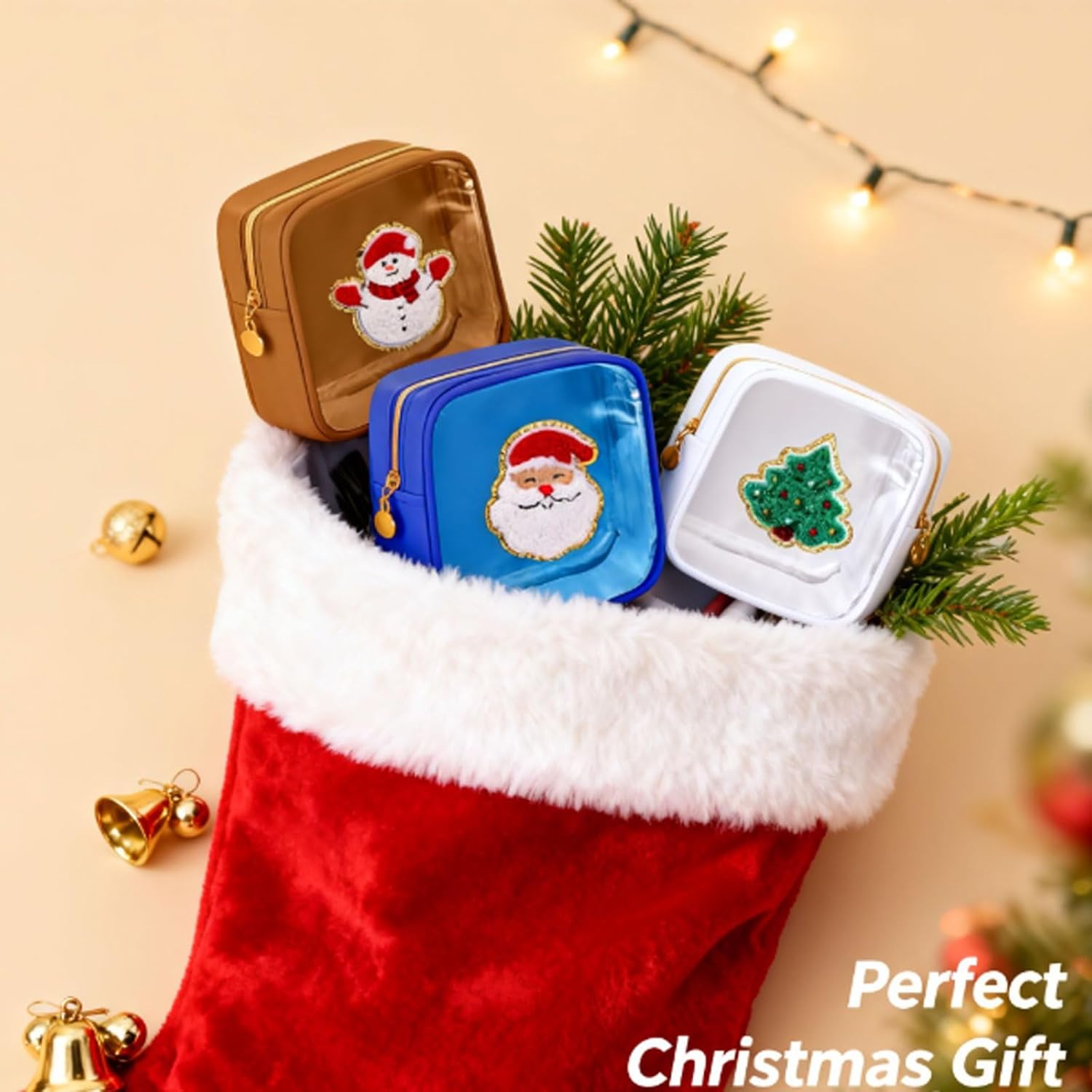 Christmas Makeup Bag, Christmas Preppy Patch Makeup Bags, Mini Zippered Pouch, Skincare Pouch Xmas Zipper Cosmetic Pouchs Preppy Thing for Travel Christma Women Gift (set c)