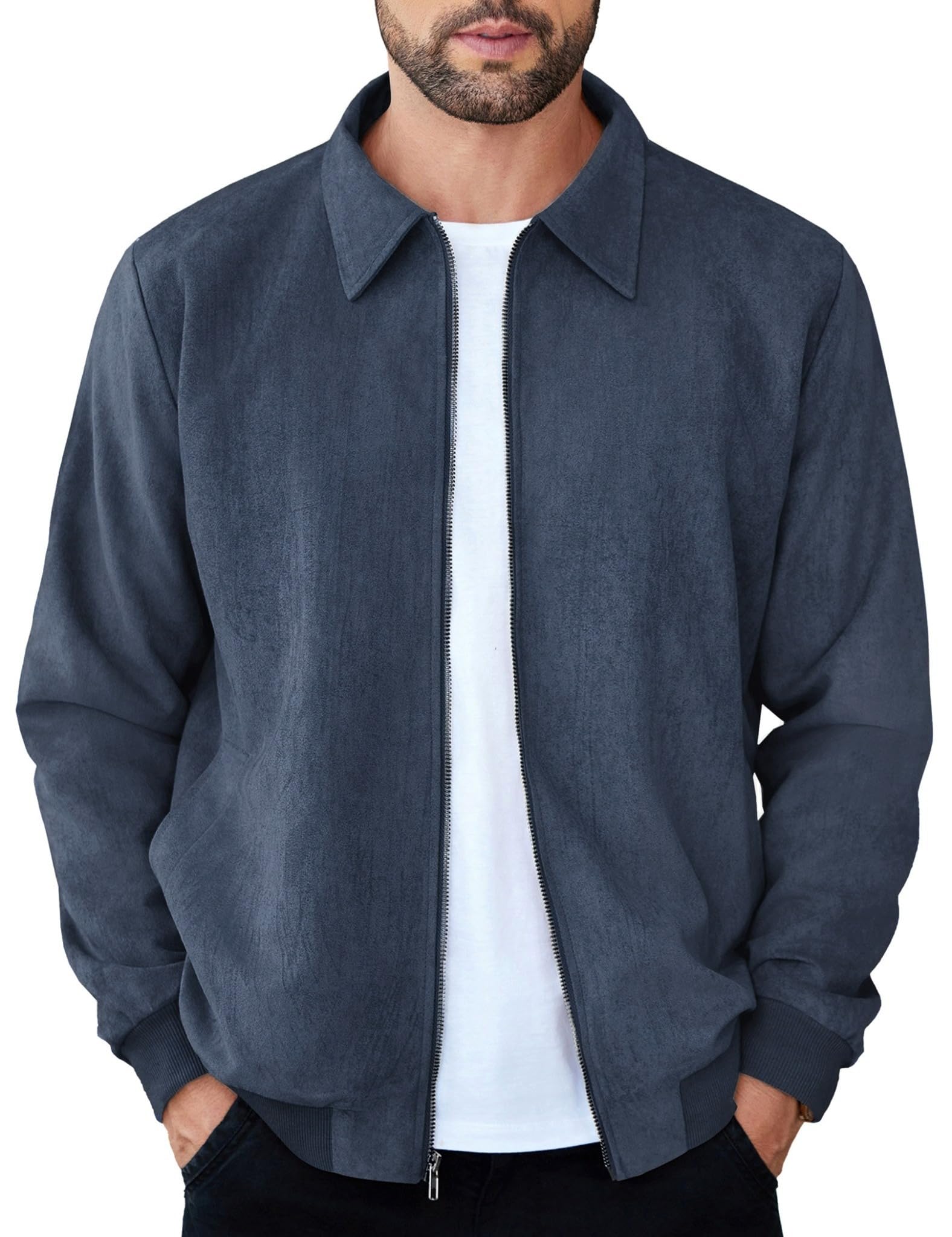 COOFANDY Men's Casual Suede Bomber Jacket Lightweight Full Zip Up Jackets Vintage Faux Leather Jacket