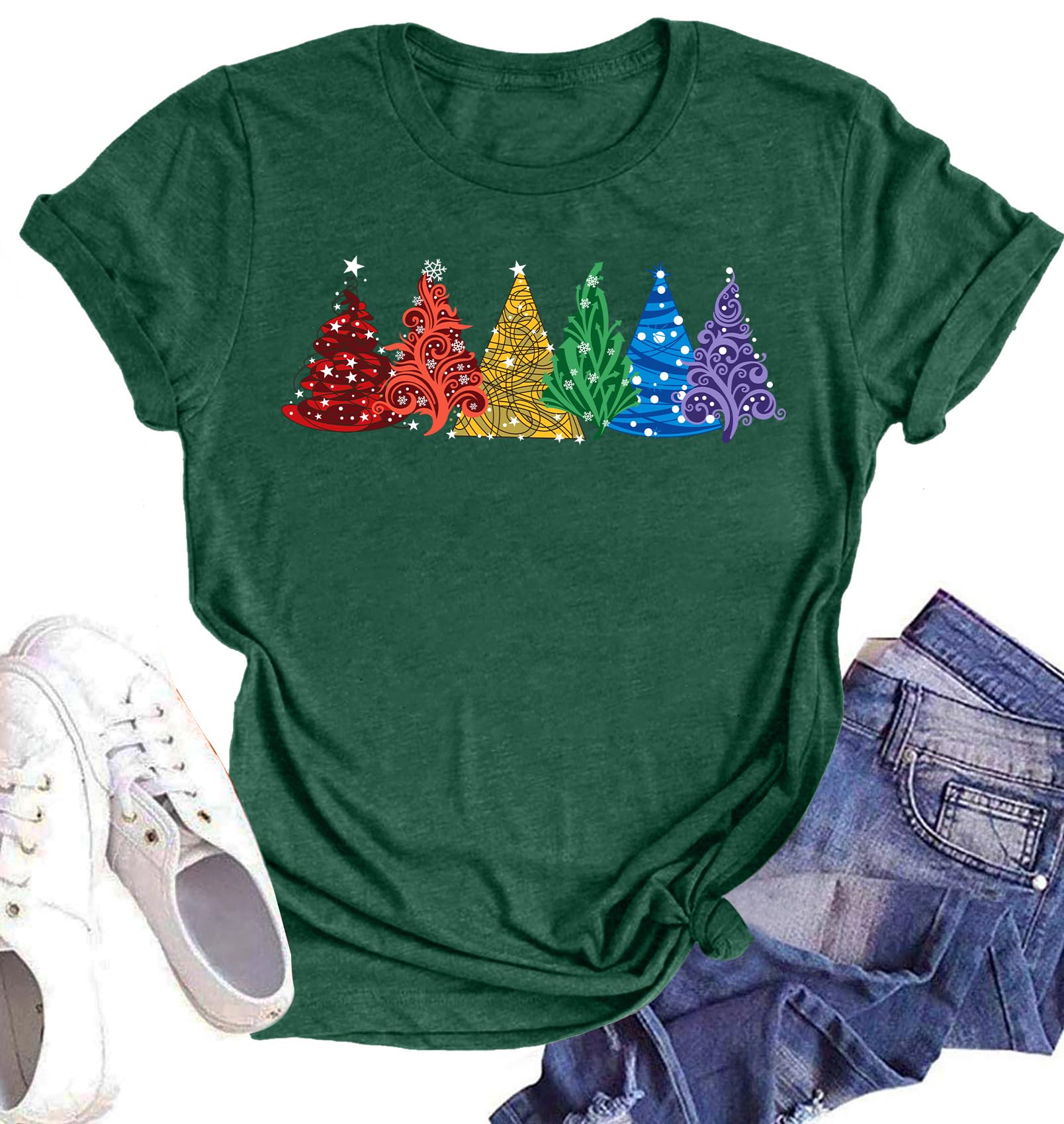 Believe Christmas Shirt for Women Christmas Tree Graphic T-Shirts Believe Letter Print Tees Holiday Tops