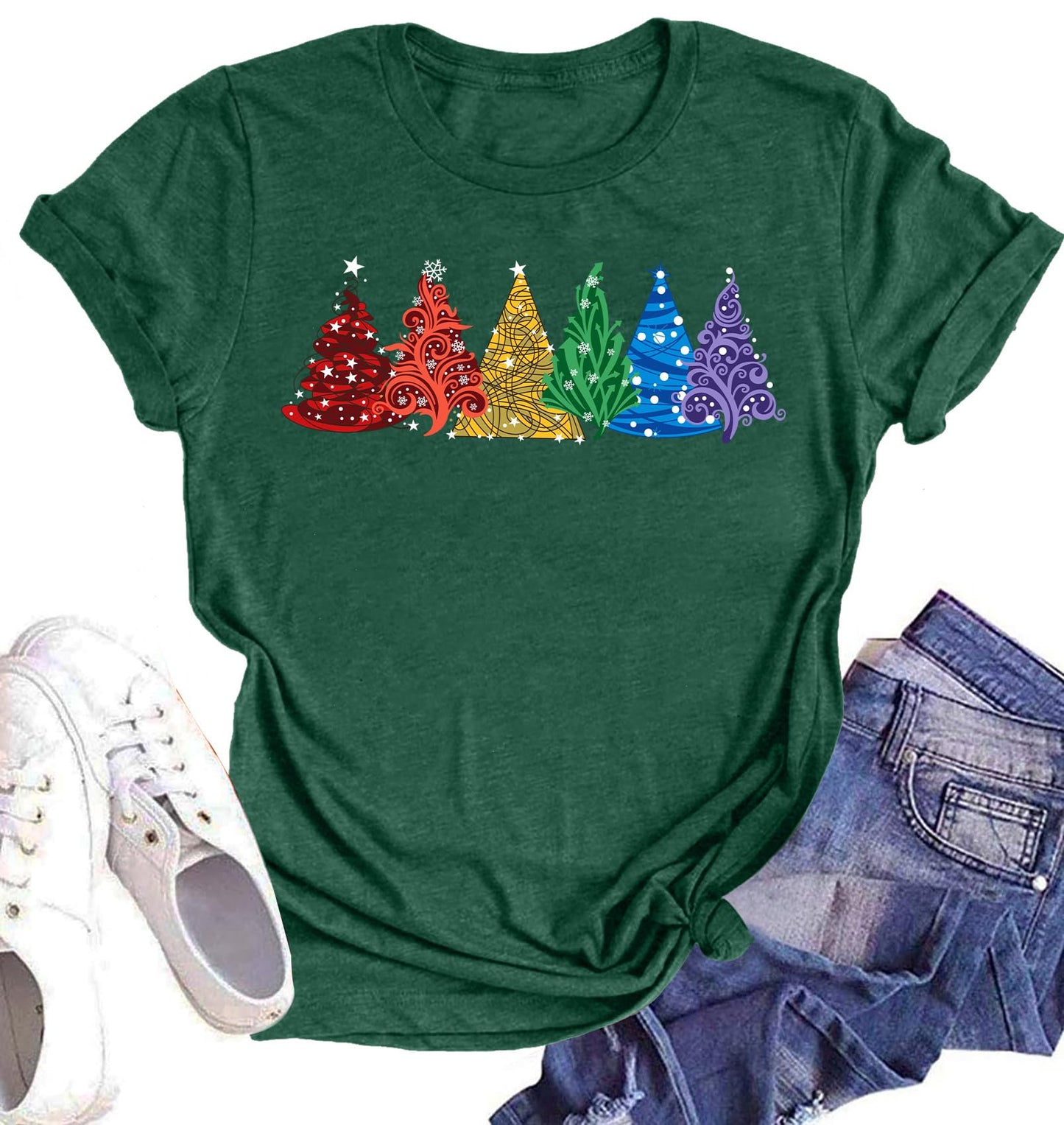 Believe Christmas Shirt for Women Christmas Tree Graphic T-Shirts Believe Letter Print Tees Holiday Tops
