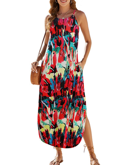 Halife Womens Summer Dresses Casual Loose Halter Long Sundress Sleeveless Split Maxi Beach Dress with Pockets