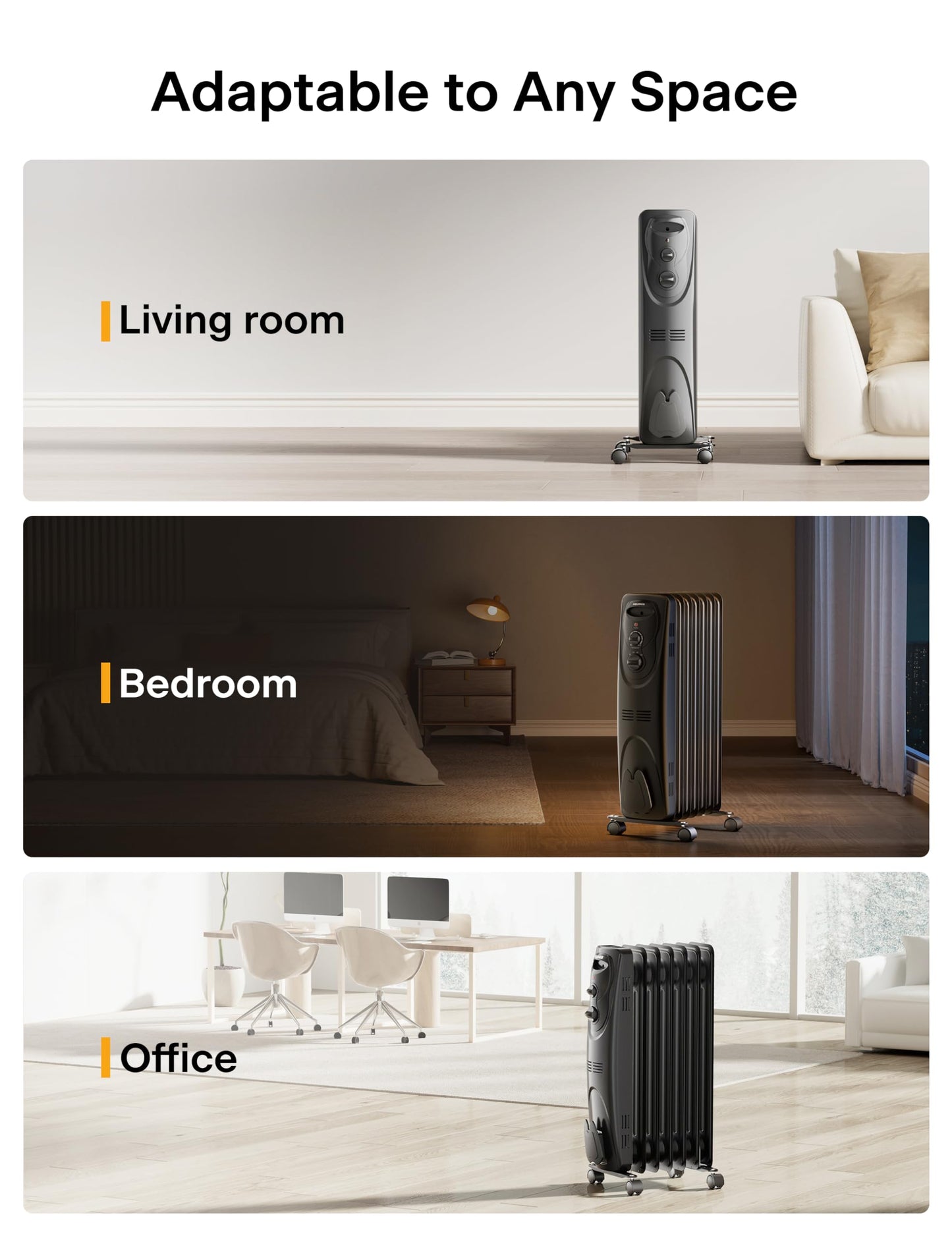Pelonis Oil Filled Radiator Heater for Large Space, 2025 Upgraded, Space Heaters with 1500W Quiet Warmth Radiant Heater, 3 Heating Modes, Overheat & Tip-Over Protection, Adjustable Thermostat, Black
