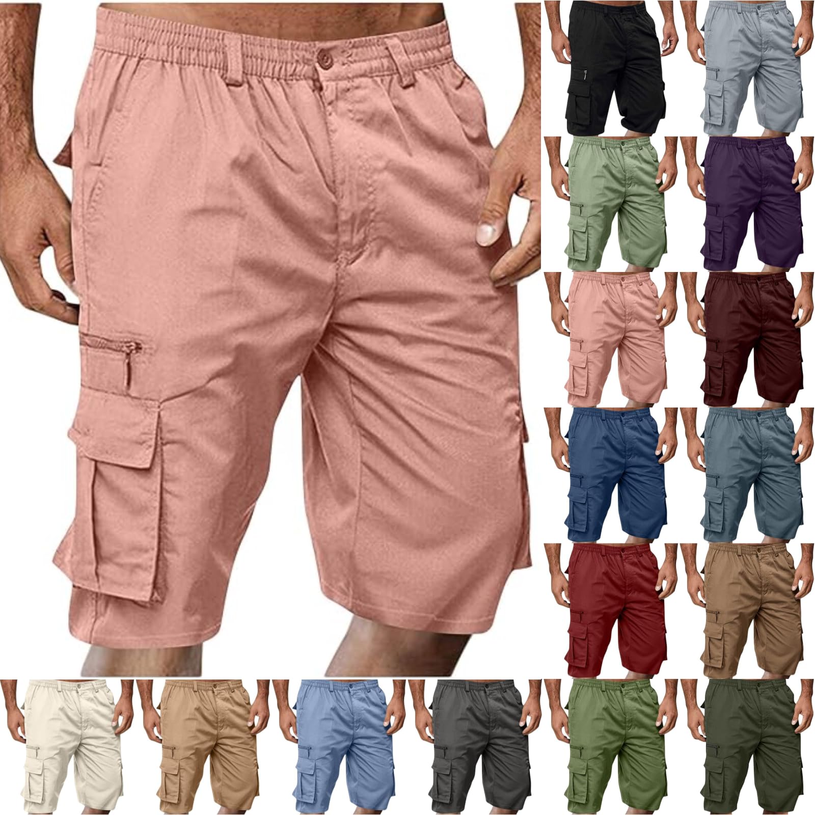 Cargo Shorts for Men Casual Summer Hiking Pants Elastic Waist Big and Tall Knee Length Multi-Pockets Bermuda Shorts