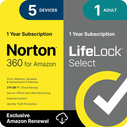 Norton 360 with LifeLock Select Bundle, 1 Year Subscription - 5 Devices - All-in-One Protection for your Devices, Online Privacy, and Identity, Activation Required [Subscription]