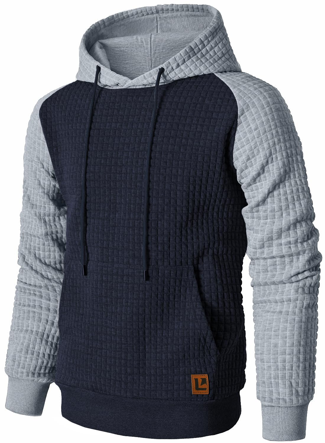 Men’s Sweatshirts Long Sleeve Pullover Patchwork Plaid Jacquard Hoodie Casual Drawstring Hoody Top