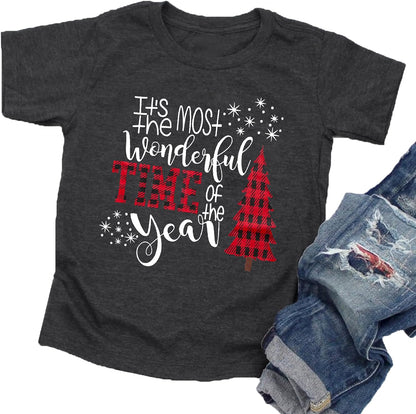 Christmas Shirts Toddler Boys Girls Xmas Buffalo Plaid Trees T-Shirt Christmas Graphic Tees Holiday Tops