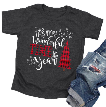 Christmas Shirts Toddler Boys Girls Xmas Buffalo Plaid Trees T-Shirt Christmas Graphic Tees Holiday Tops