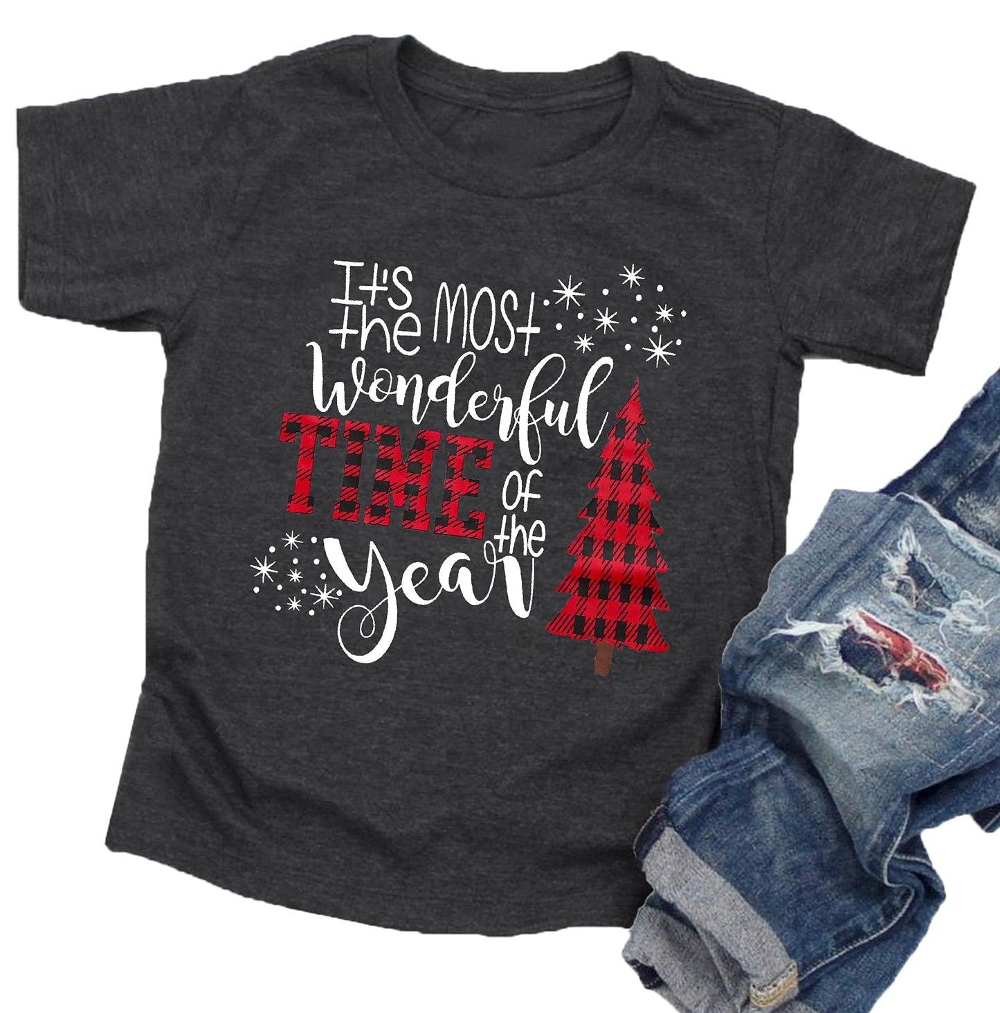 Christmas Shirts Toddler Boys Girls Xmas Buffalo Plaid Trees T-Shirt Christmas Graphic Tees Holiday Tops