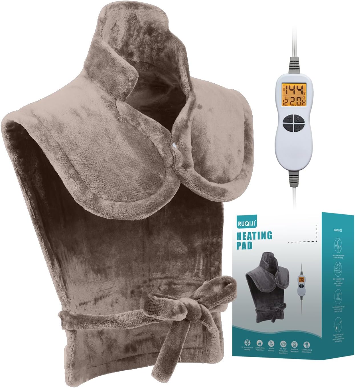 26" x 35" Flannel Neck&Shoulder&Back Heating Pad with 12 Temperature Settings&Countdown Timer, Pain Relief for Back/Neck/Shoulders/Menstrual Pain, Christmas Gifts for Women Men Mom Dad(Light Tan)