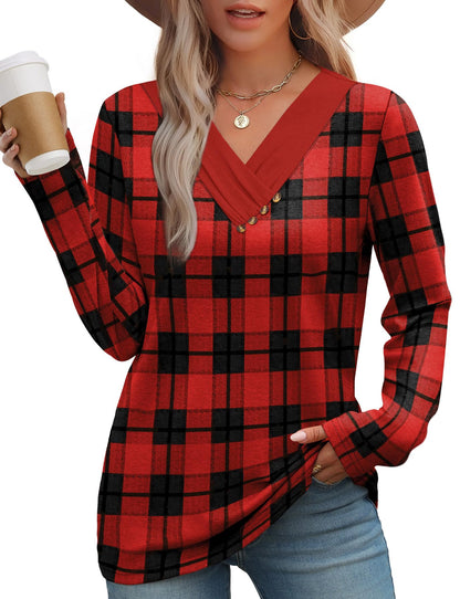 WIHOLL Long Sleeve Shirts for Women Fall Outfits V Neck T Shirts Button Down Tunic Tops Fashion Clothing