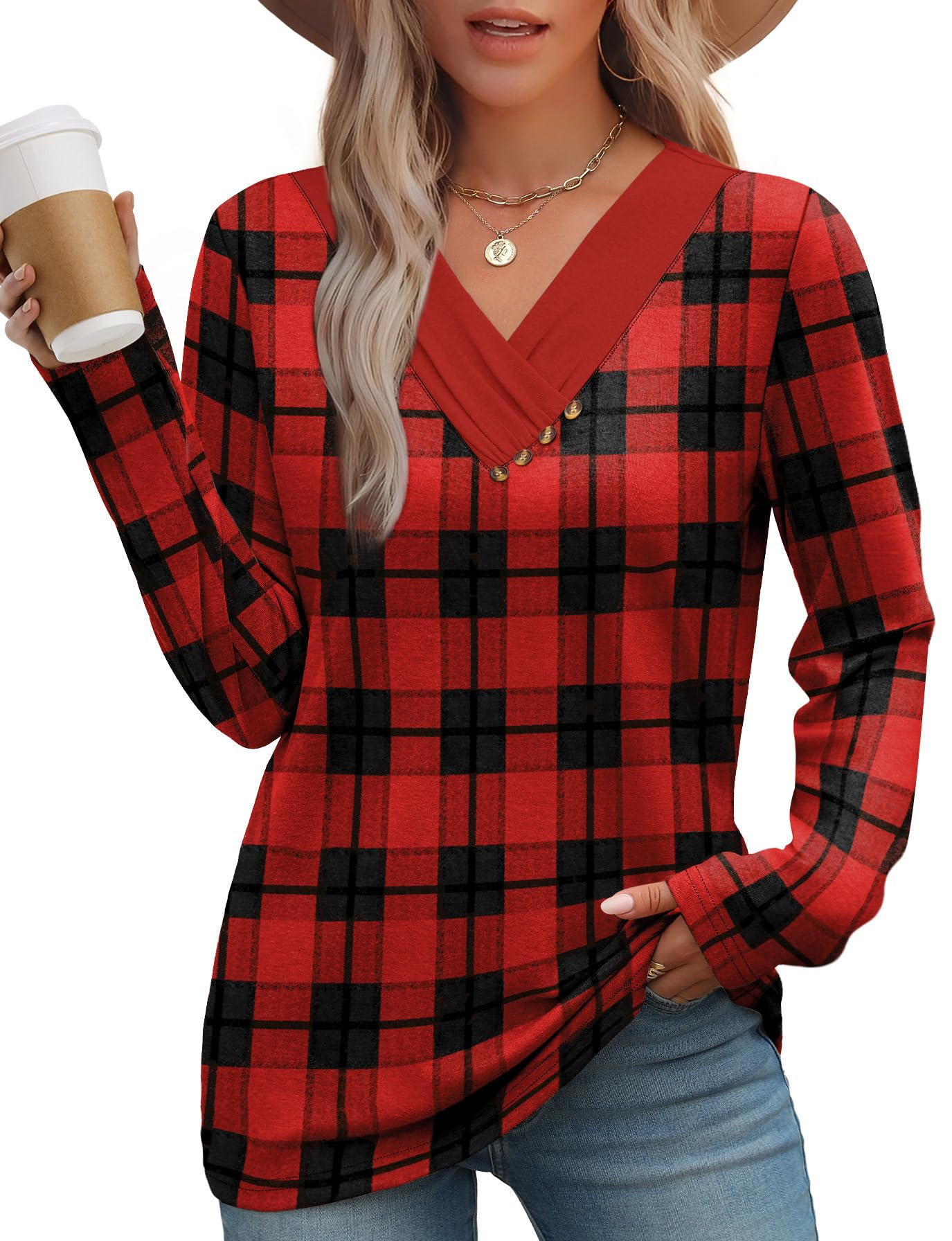 WIHOLL Long Sleeve Shirts for Women Fall Outfits V Neck T Shirts Button Down Tunic Tops Fashion Clothing