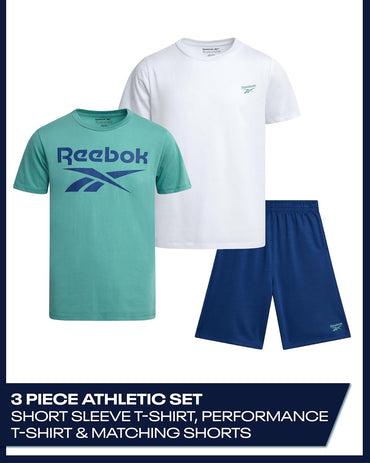 Reebok Boys Athletic Shorts Set - 3 Piece Summer Clothes Outfit with Graphic Tees and Boys Running Shorts for Active Kids