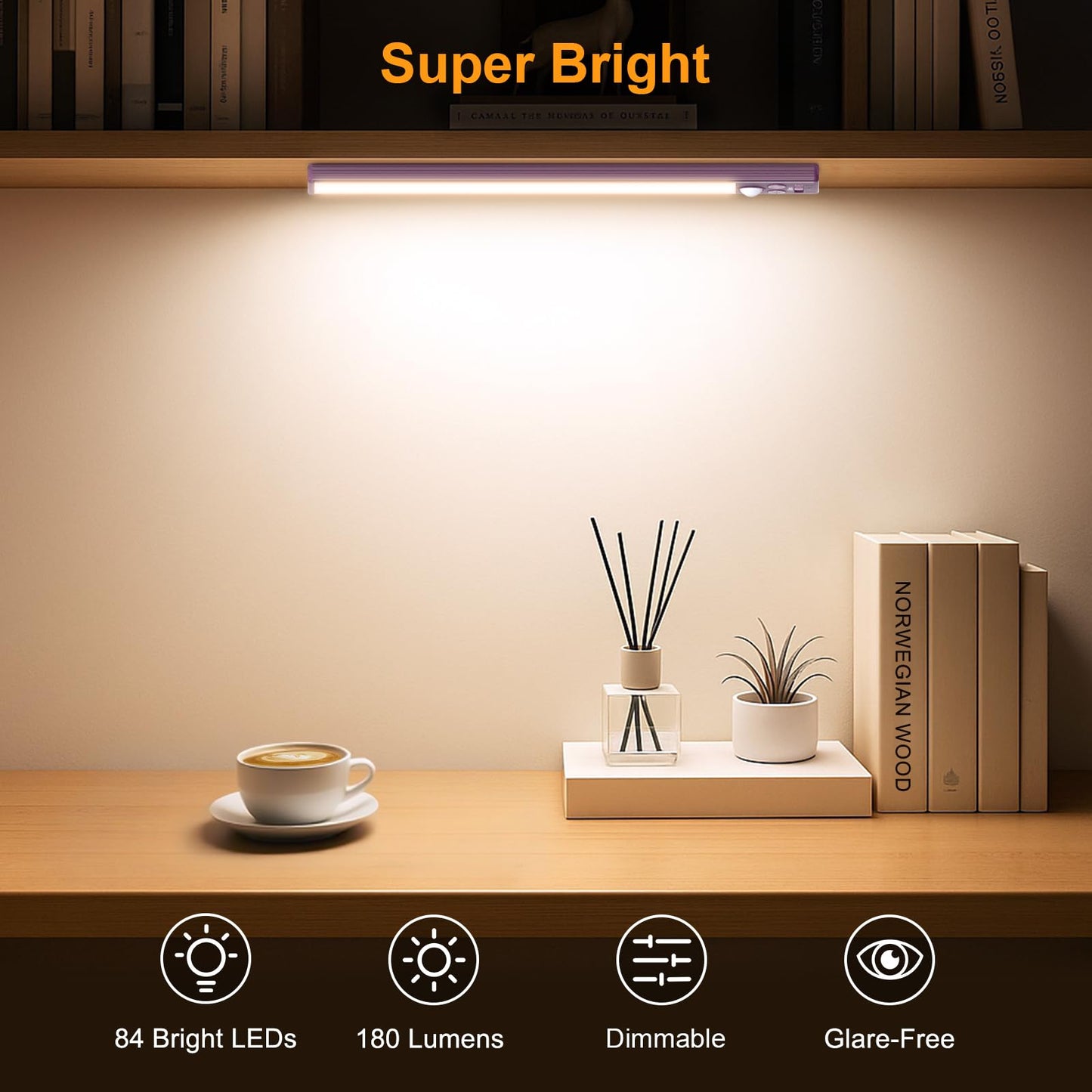 Gritin 10.2inch Under Cabinet Lighting Rechargeable -84 LED Super Bright,3-Color& 5 Level Brightness,4 Modes,Motion Sensor,Long Lasting- Easy Installation Magnetic Under Cabinet Closet Lights -2 Pack