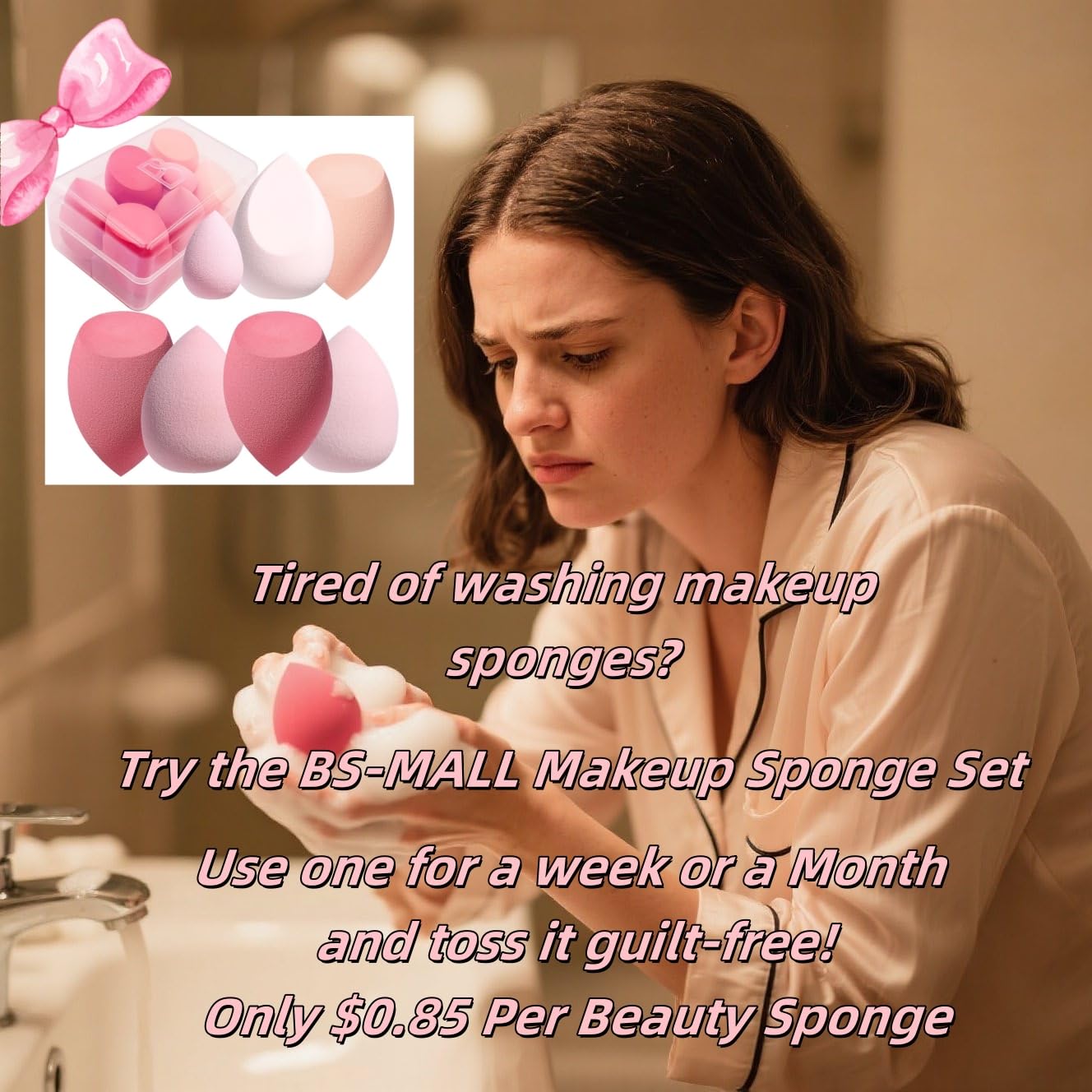 Makeup Sponge Set BS-MALL with Storage Case 7 Pcs for Liquid, Cream, and Powder, Foundation with 1 Mini Makeup Sponge Pink (A-Pink）