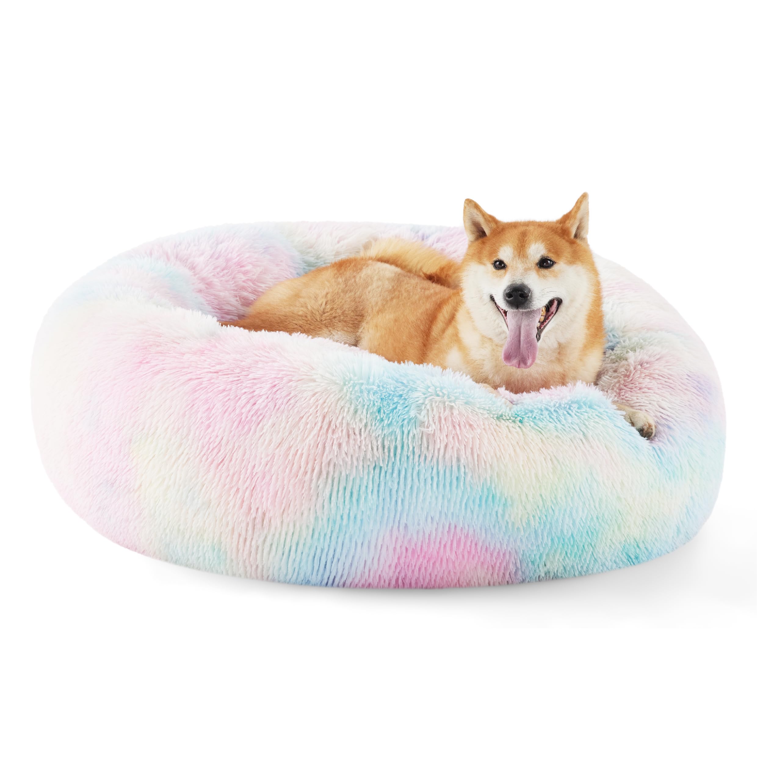 Bedsure Calming Dog Bed for Small Dogs - Donut Washable Small Pet Bed, 23 inches Anti-Slip Round Fluffy Plush Faux Fur Large Cat Bed, Fits up to 25 lbs Pets, Camel