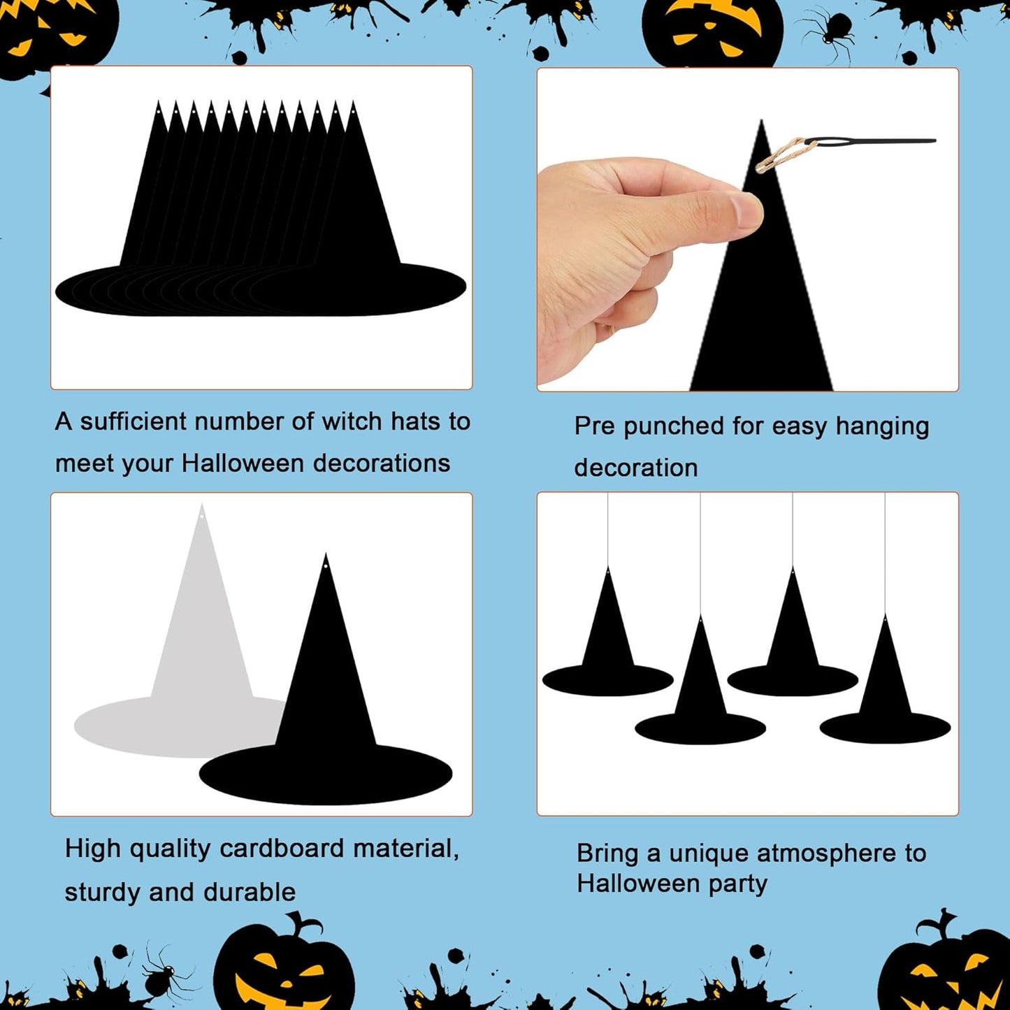 24Pcs Halloween Paper Witch Hat Hanging Decorations, Black Witch Hat Hanging Ornament for Yard Home Ceiling Wall Tree Decor, Spooky Paper Witch Hats Backdrop for Halloween Party Supplies