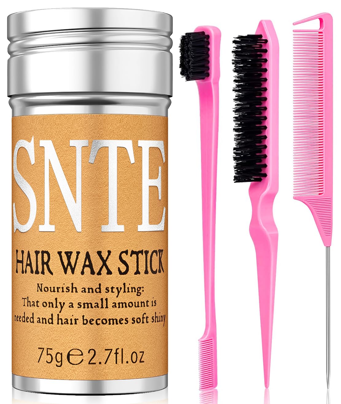 Slick Back Hair Brush Set: Hair Wax, Edge Brush, Rat Tail Comb, Bristle Brush, Hair Bun Accessories, Smoothing Brush for Women & Kids