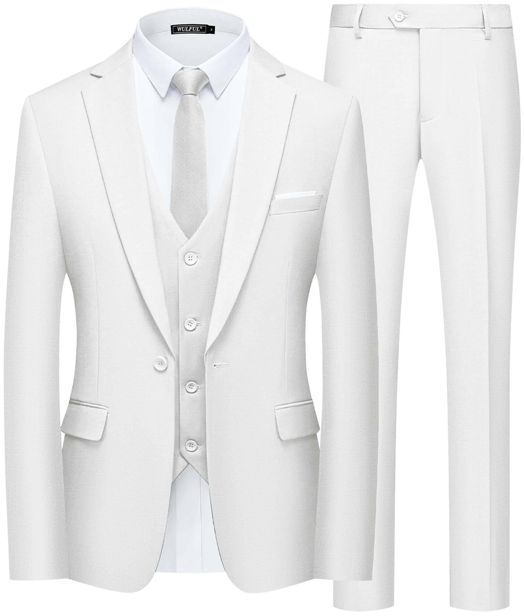 WULFUL Men’s Slim Fit Suit One Button 3-Piece Blazer Dress Business Wedding Party Jacket Vest & Pant