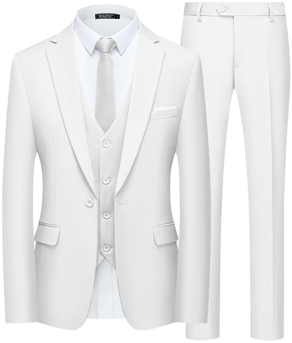 WULFUL Men’s Slim Fit Suit One Button 3-Piece Blazer Dress Business Wedding Party Jacket Vest & Pant