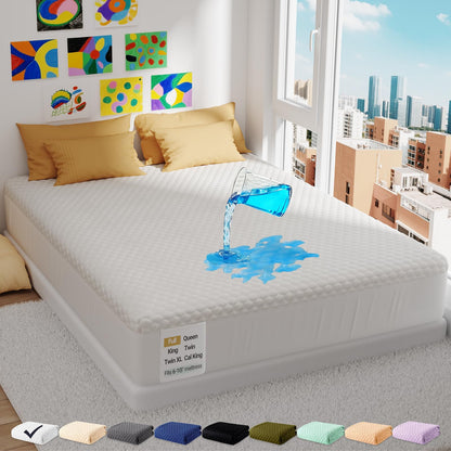 OhGeni 100% Waterproof Mattress Protector, Queen Size Mattress Pad, Fits 6"-20" Mattresses with Deep Pocket, Cooling, Breathable Fitted Sheets, Soft Bed Cover, Noiseless, Machine Washable
