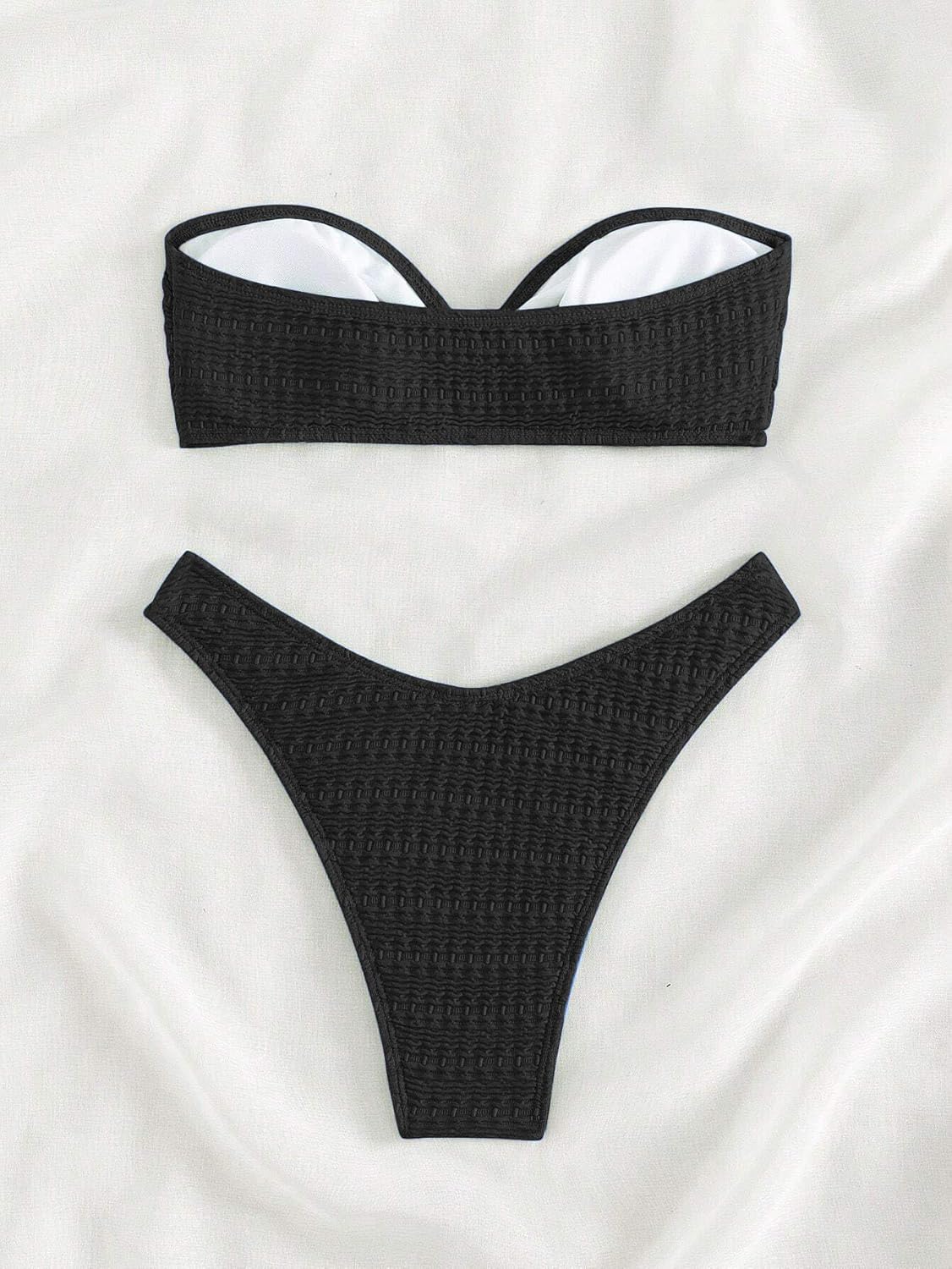 Limeeke Women's Strapless Bandeau Bikini Sets Ring Linked Two Piece Swimsuit Removable Strap Textured Bathing Suit